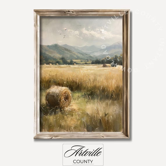 Hay Field Oil Painting Farmhouse Wall Art Vintage Tractor Print Art Countryside Landscape Painting Instant