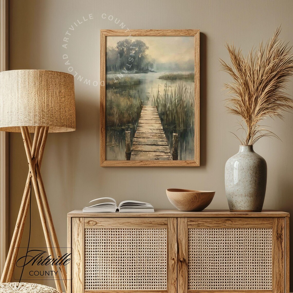 Fishing Pier Oil Painting, Vintage Farmhouse Landscape Print - Image 3