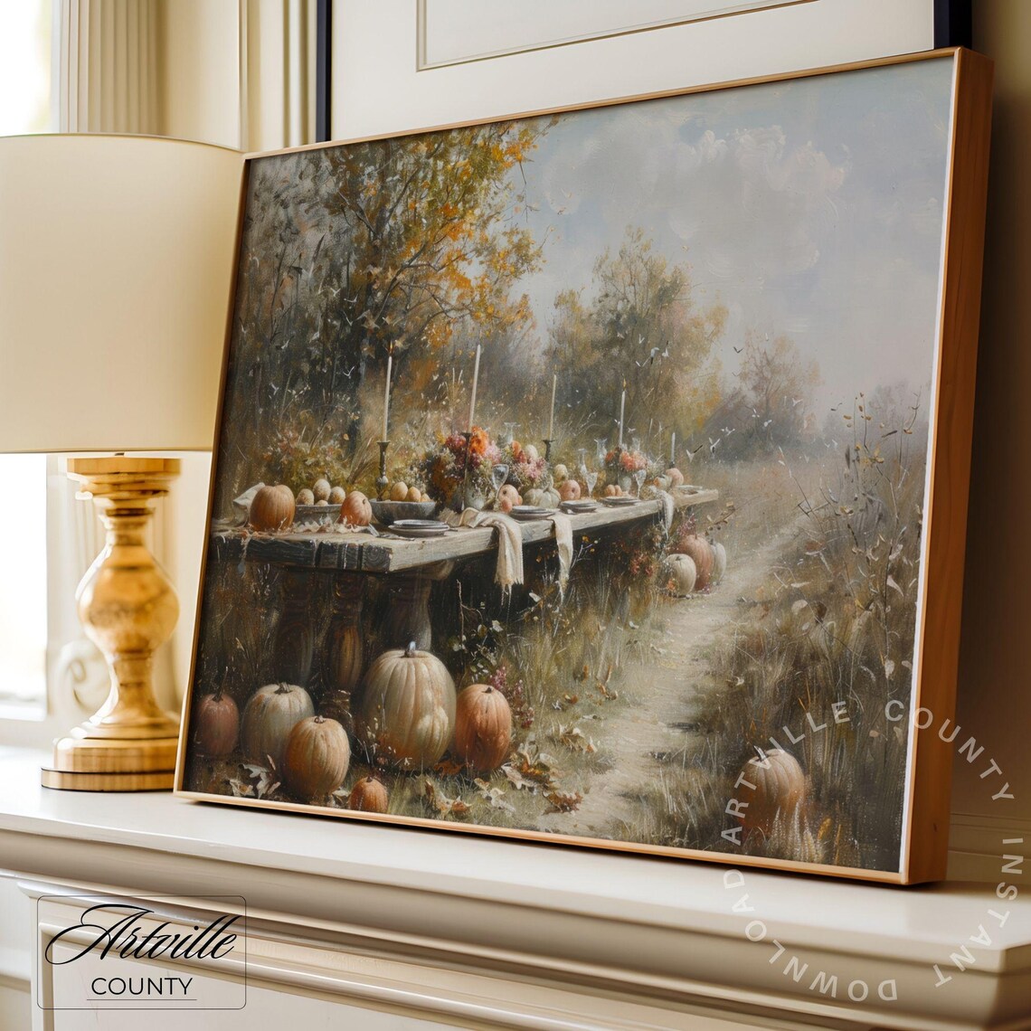 Thanksgiving Table With Pumpkins Rustic Fall Art Print