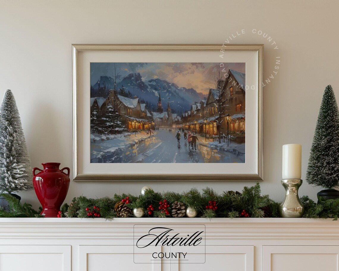 Snowy Christmas Town Street at Dusk with Glowing Shops Poster - Image 4