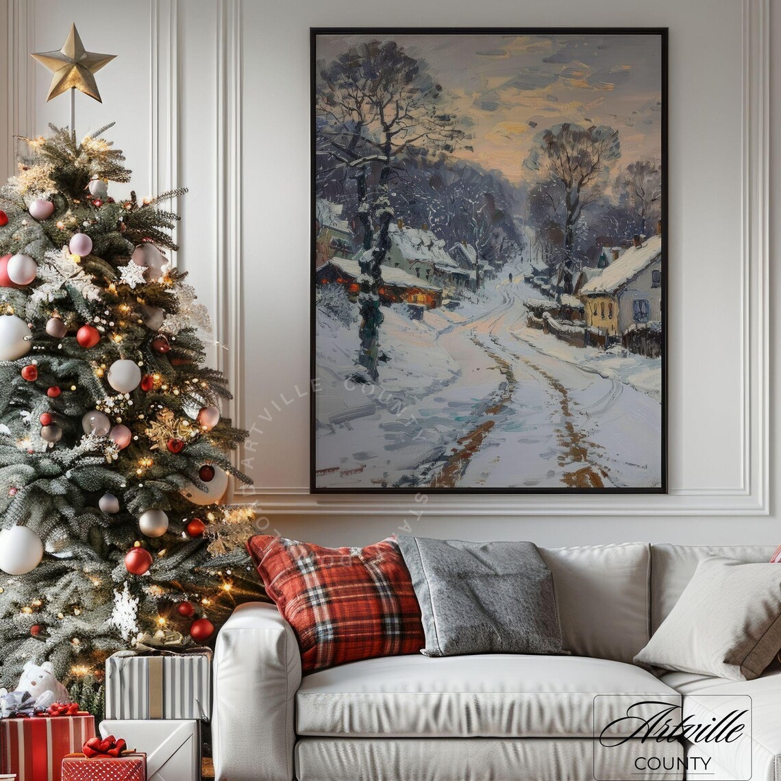 Snowy Village Street Winter Dusk Cottage Lights Oil Painting Poster - Image 4