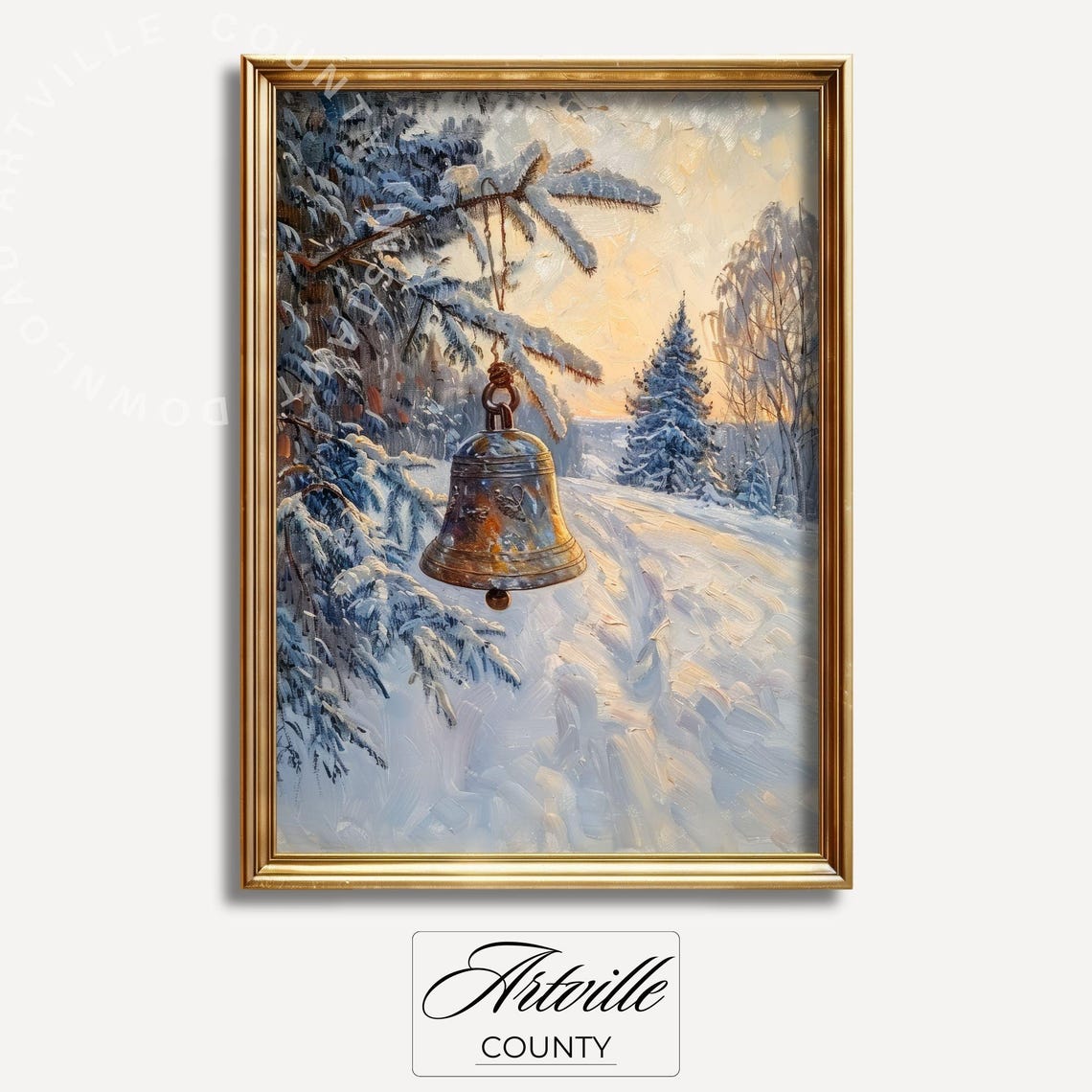 Antique Bell Hanging in Snowy Forest Sunset Christmas Poster - Image 2