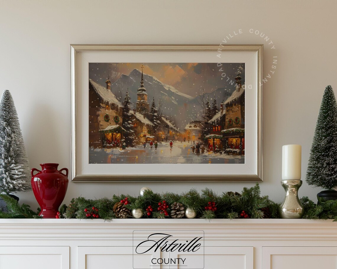 Snowy Christmas Village with Church Steeple Winter Scene Poster - Image 5