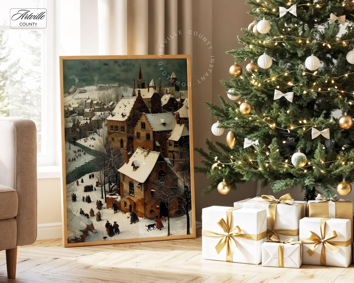 Vintage Winter Village Snowy Landscape Poster Print