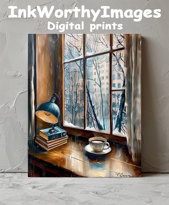 Cozy Winter Window, Snowy Day With Coffee Books