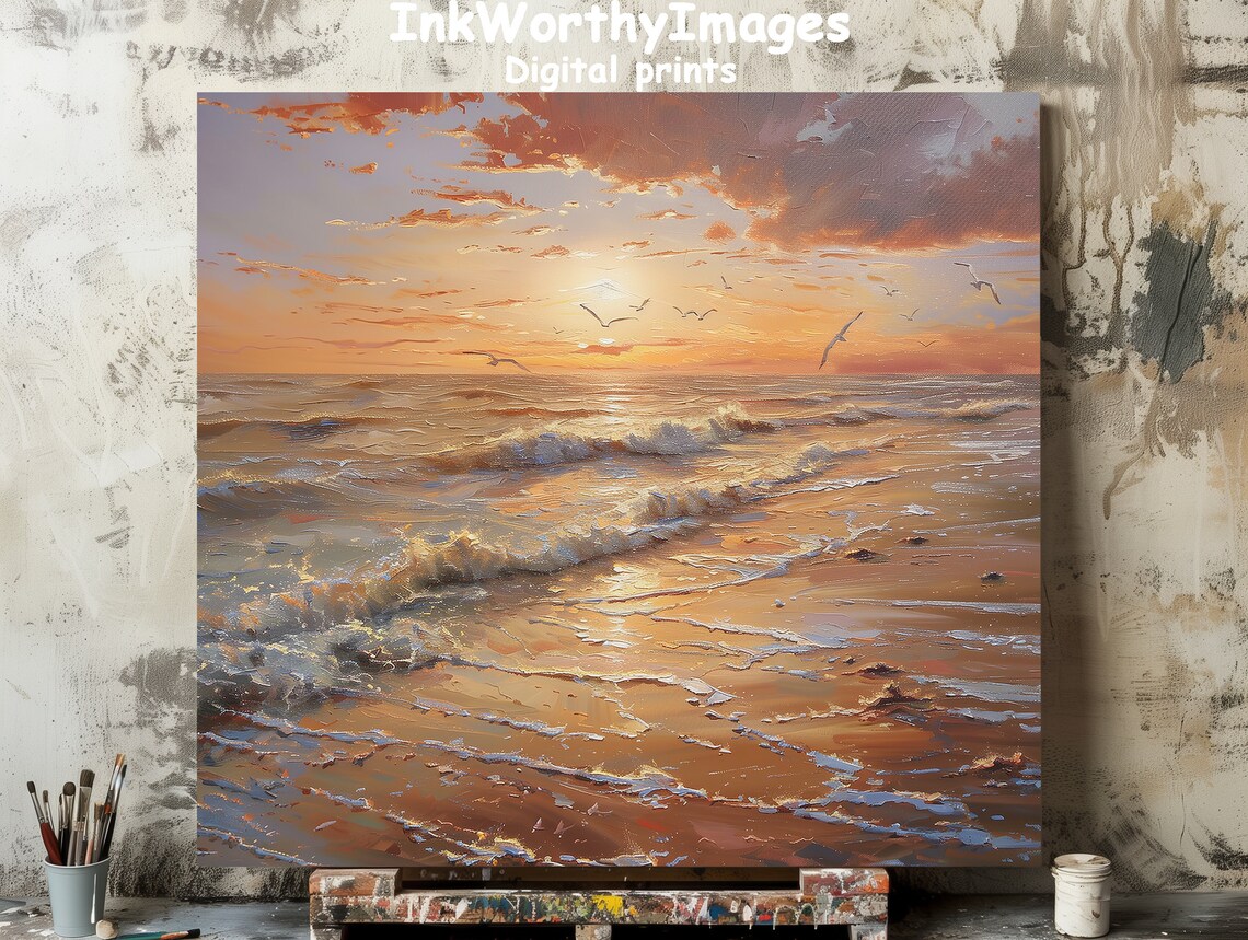 Sunset Beach Scene, Tranquil Ocean Waves Art