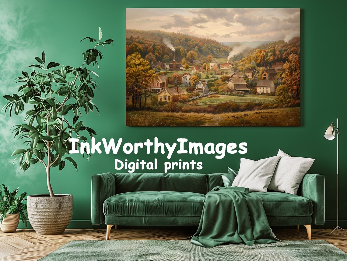 Charming Autumn Village, Cozy Fall Landscape Art - Image 2