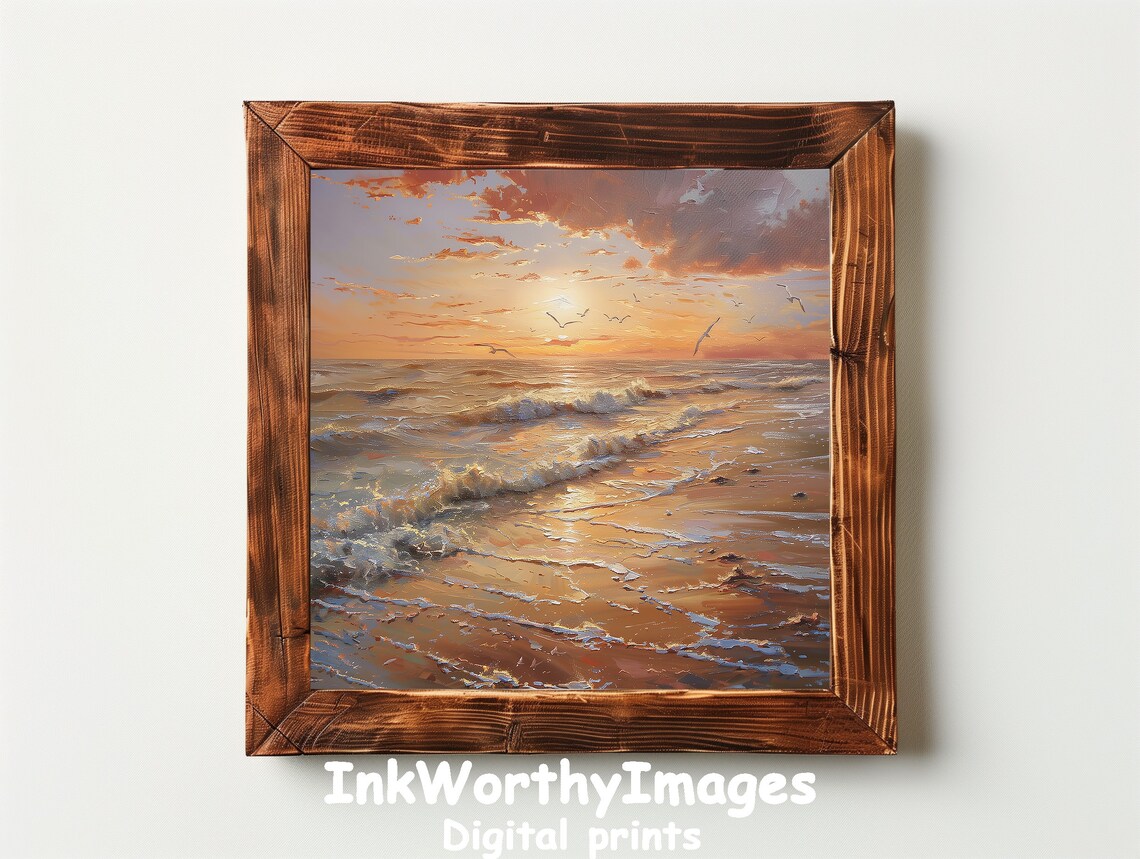 Sunset Beach Scene, Tranquil Ocean Waves Art - Image 2