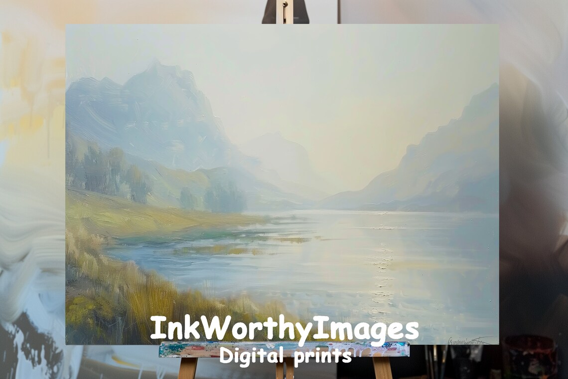 Misty Mountain Lake Tranquil Waterscape Art Print