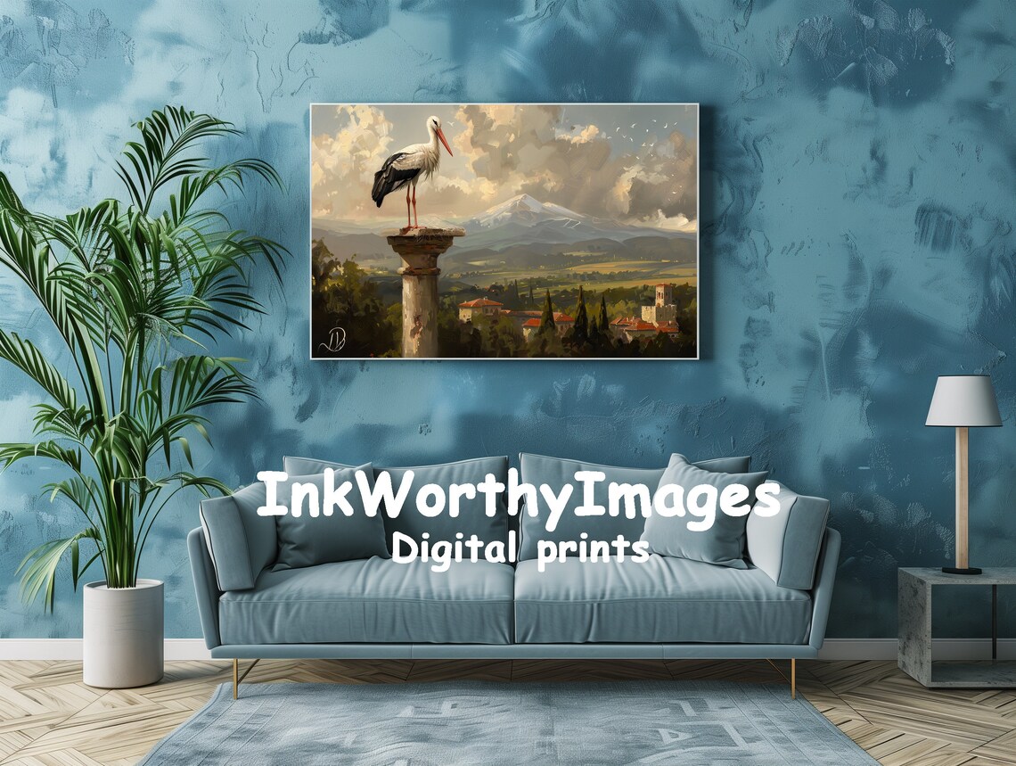 Majestic Stork On Pillar, European Countryside Art Print - Image 2