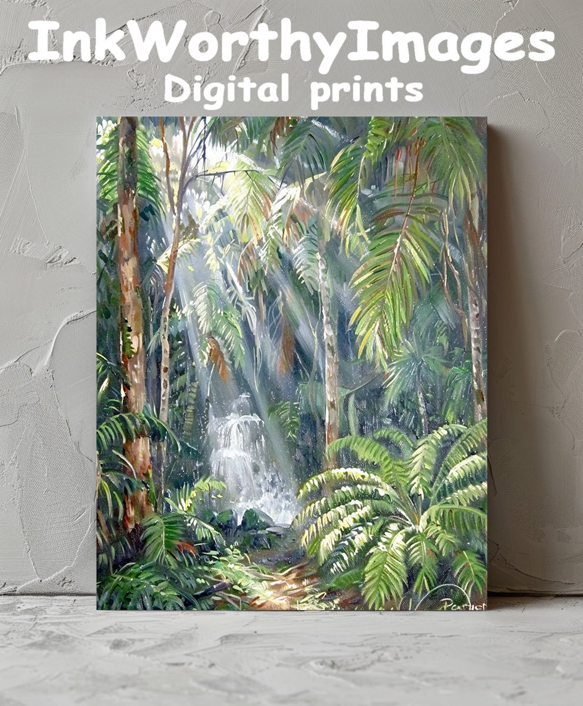 Sunlit Tropical Jungle Waterfall, Rainforest Art Print