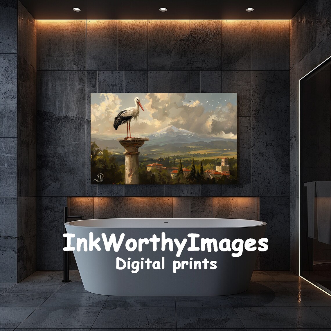 Majestic Stork On Pillar, European Countryside Art Print - Image 5