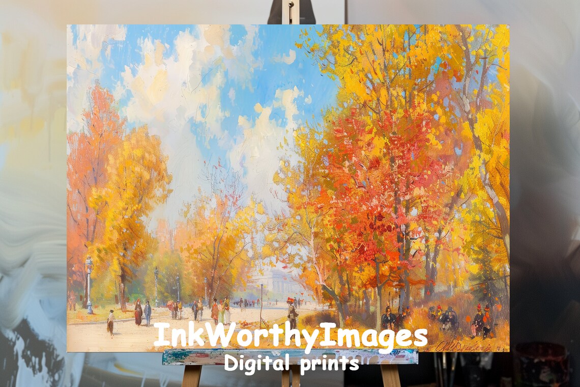 Sunny Autumn Park Scene, Colorful Fall Foliage Art Print