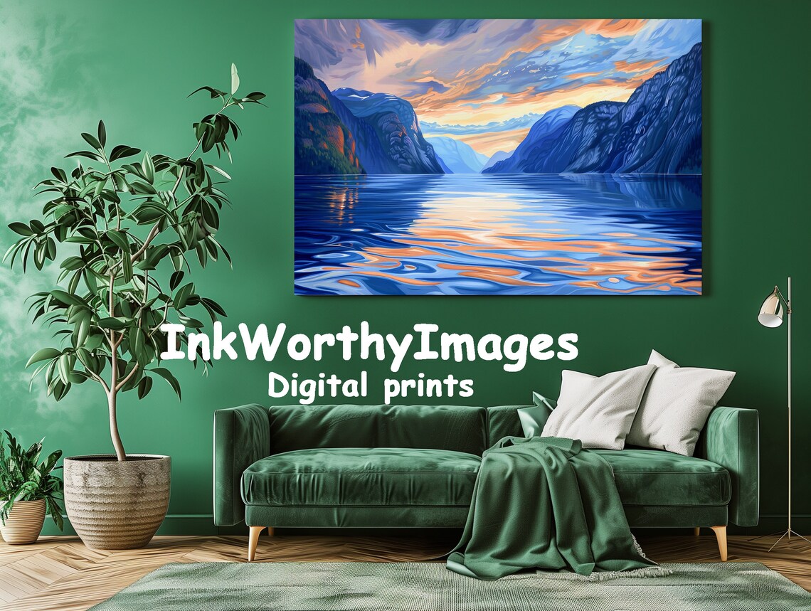Sunset Fjord Landscape Painting, Vibrant Nature Scene - Image 2