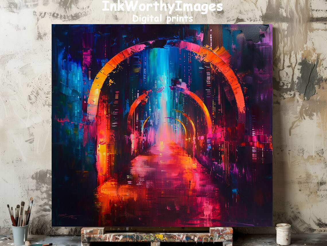 Neon Cityscape, Vibrant Urban Tunnel Decor