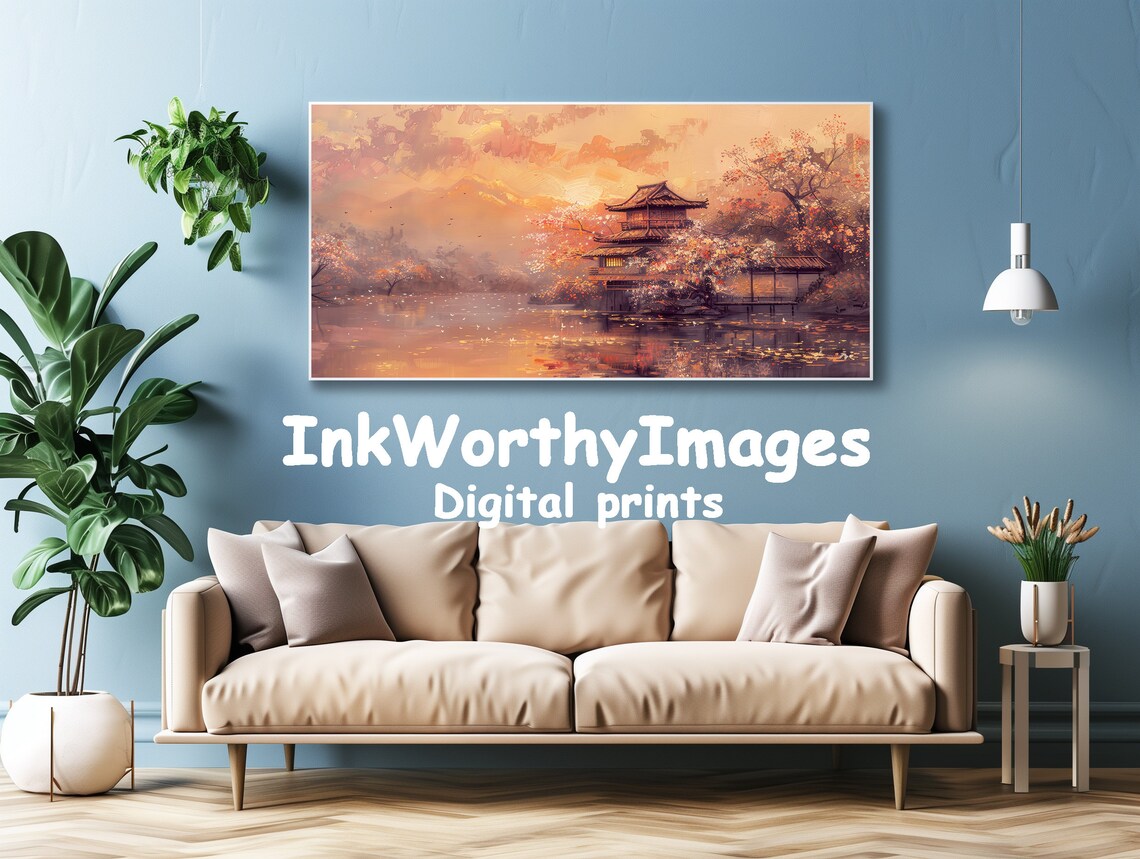 Japanese Pagoda At Sunset, Autumn Lake Landscape Art - Image 4
