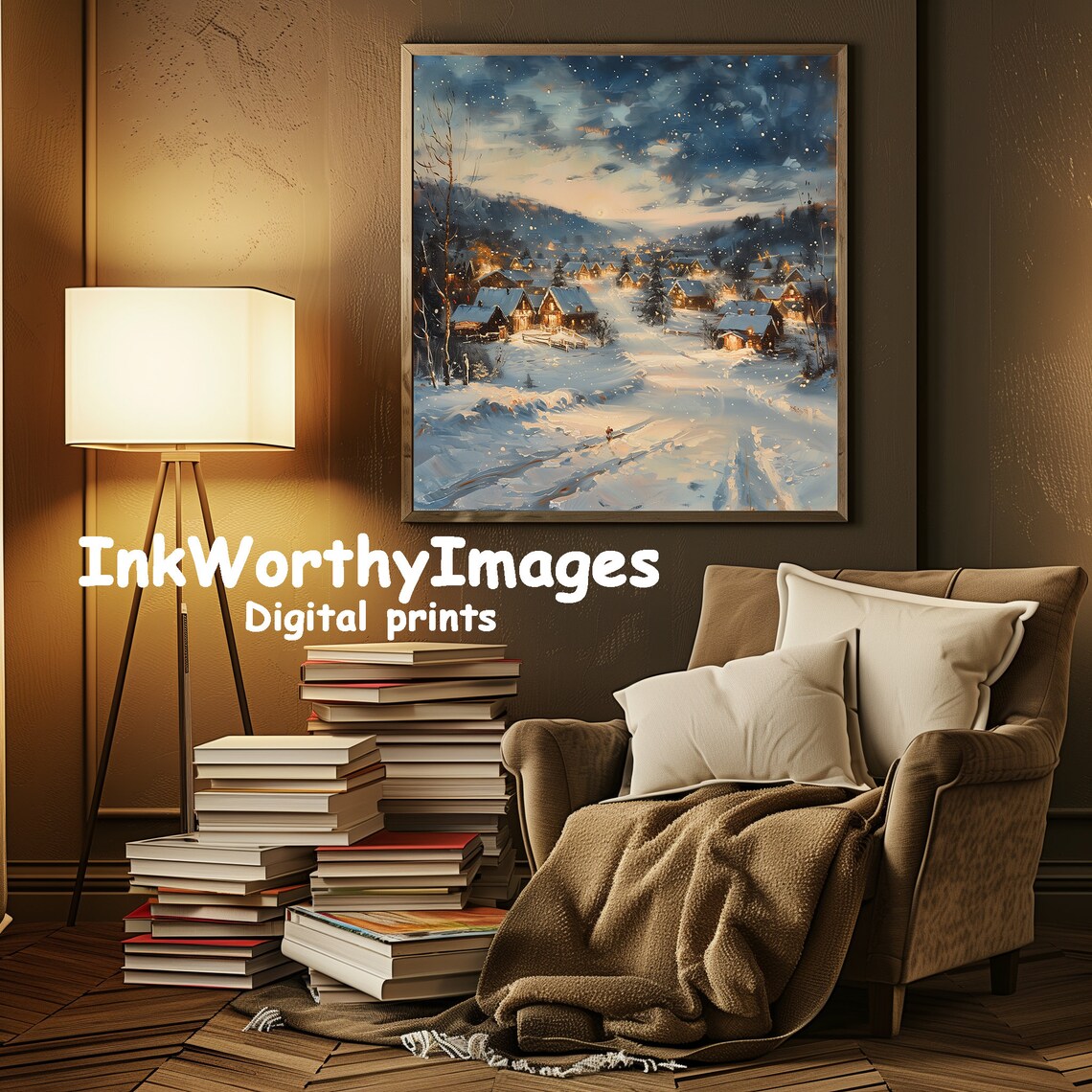 Winter Village Scene, Snowy Night Landscape - Image 2