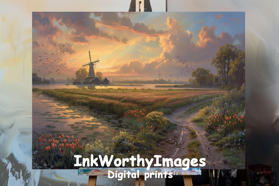 Sunset Over Tulip Fields, Dutch Windmill Landscape