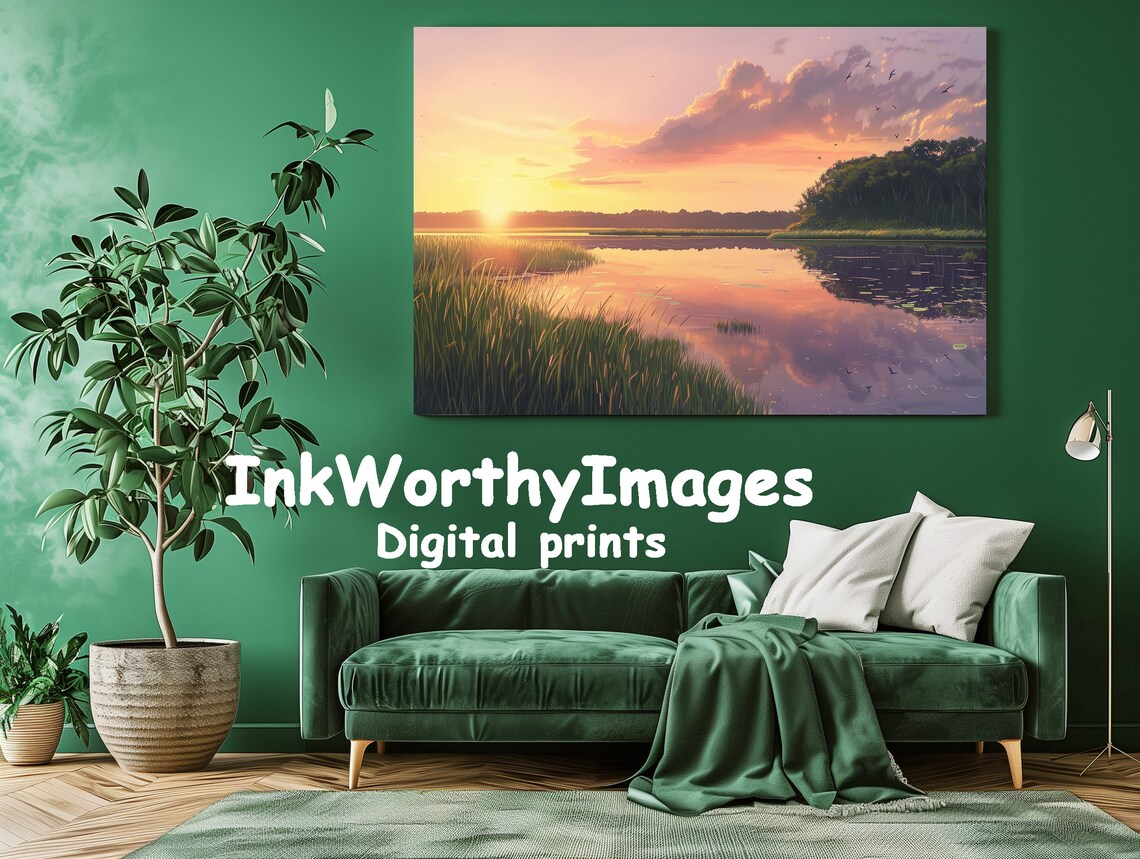 Tranquil Sunset Over Marshlands, Serene Waterscape - Image 2