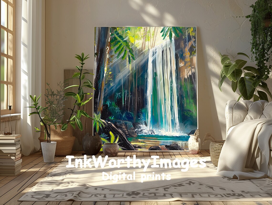 Tropical Waterfall in Sunlight, Lush Jungle Scene - Image 3