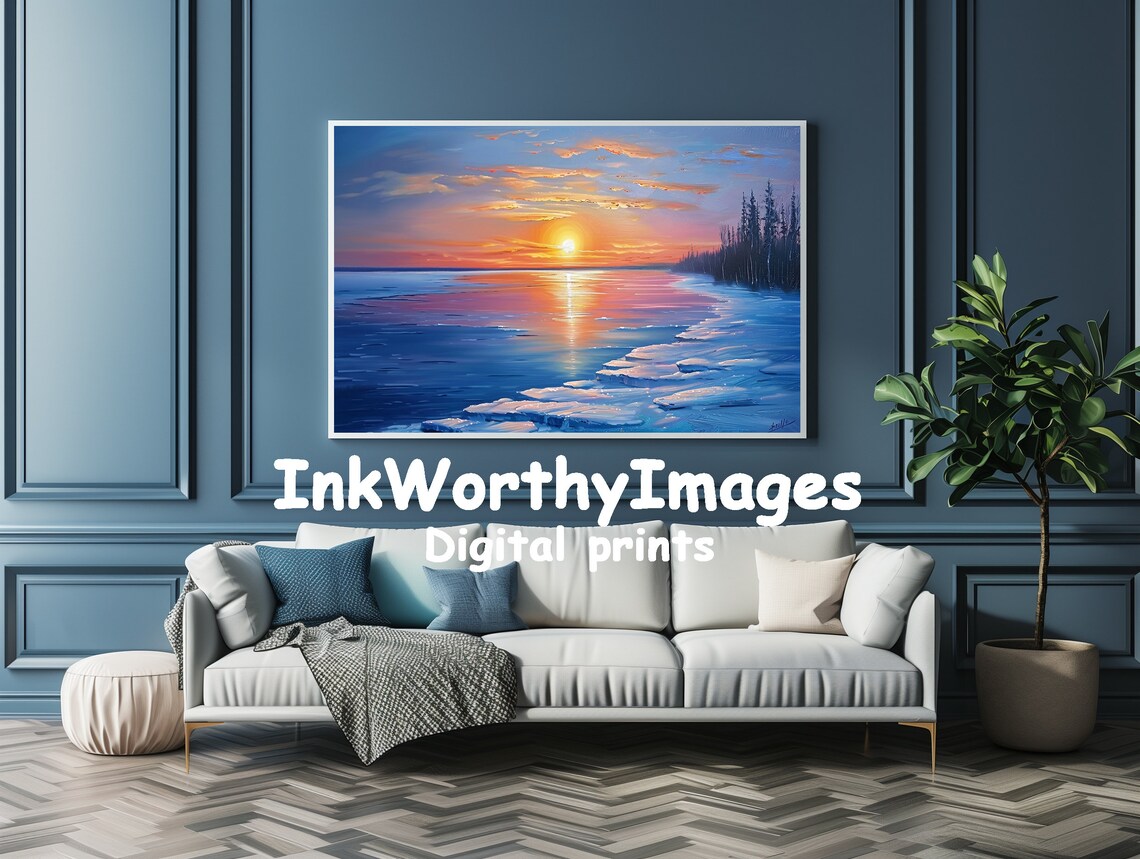 Vibrant Sunset Winter Landscape, Frozen Lake Art - Image 4