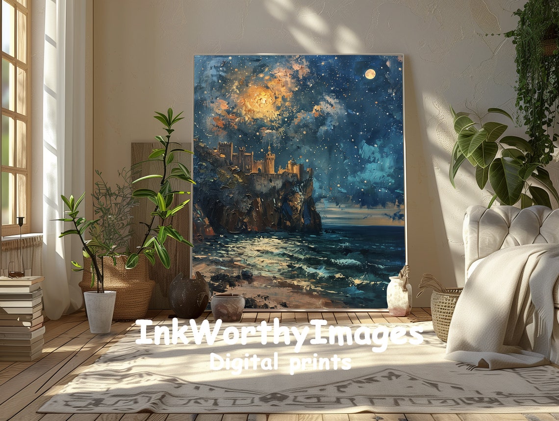 Castle By Moonlit Sea, Night Sky Scene - Image 2