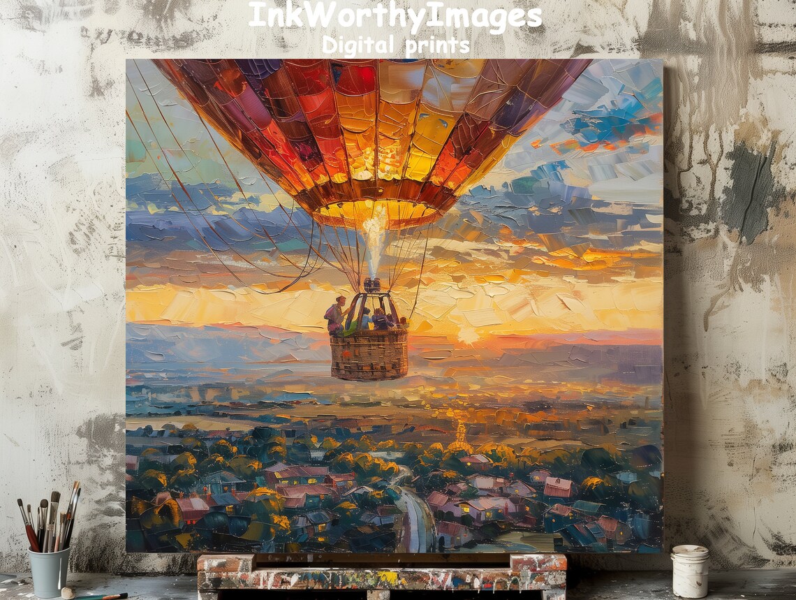 Hot Air Balloon at Sunset, Modern Landscape Art