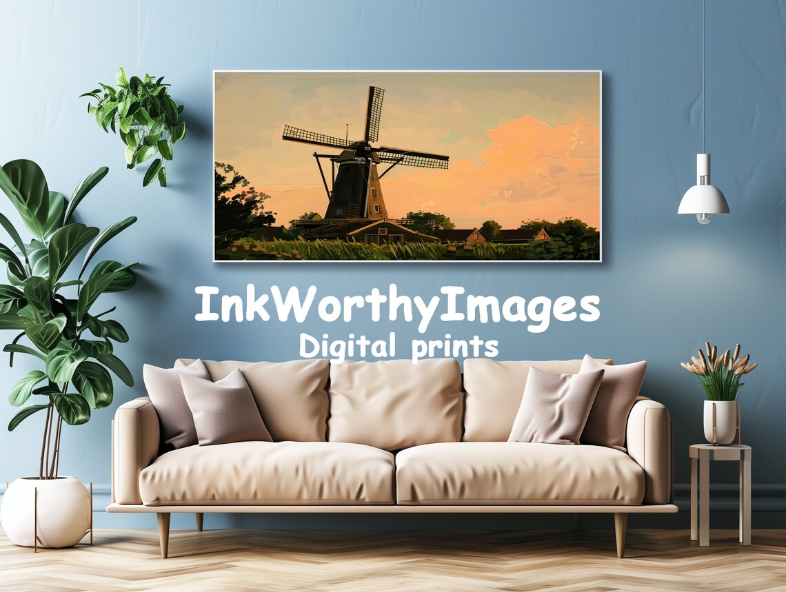 Dutch Windmill At Sunset, Serene Landscape Art Print - Image 4