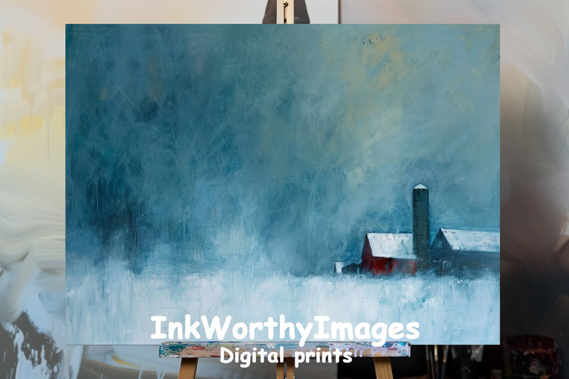 Winter Farm Scene, Rustic Winter Landscape Art Print