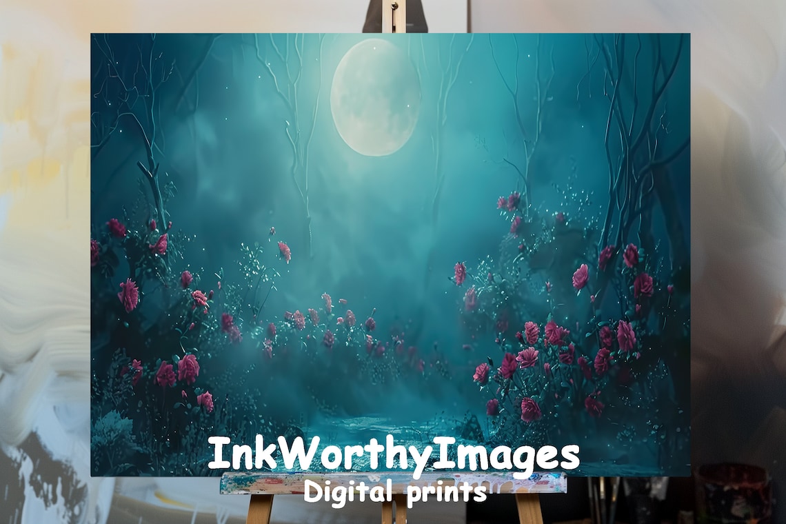 Moonlit Enchanted Forest Art Print, Mystical Night Garden
