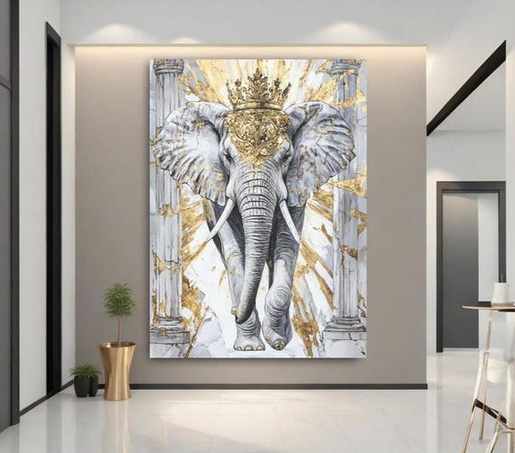 Luxury Elephant Wall Art Royal Gold Crown Decor Safari Animal Canvas Painting Bold Wildlife For Home Living Room Office
