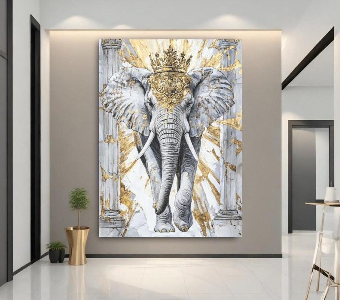 Luxury Elephant Wall Art Royal Gold Crown Decor Safari Animal Canvas Painting Bold Wildlife For Home Living Room Office