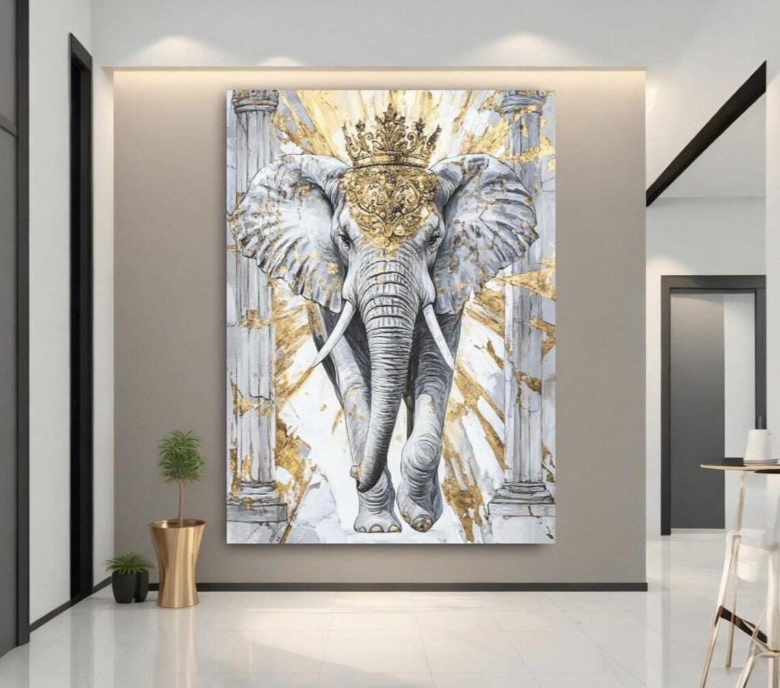 Royal Crowned Elephant Gold Canvas Art Luxury Safari Animal Wall Poster