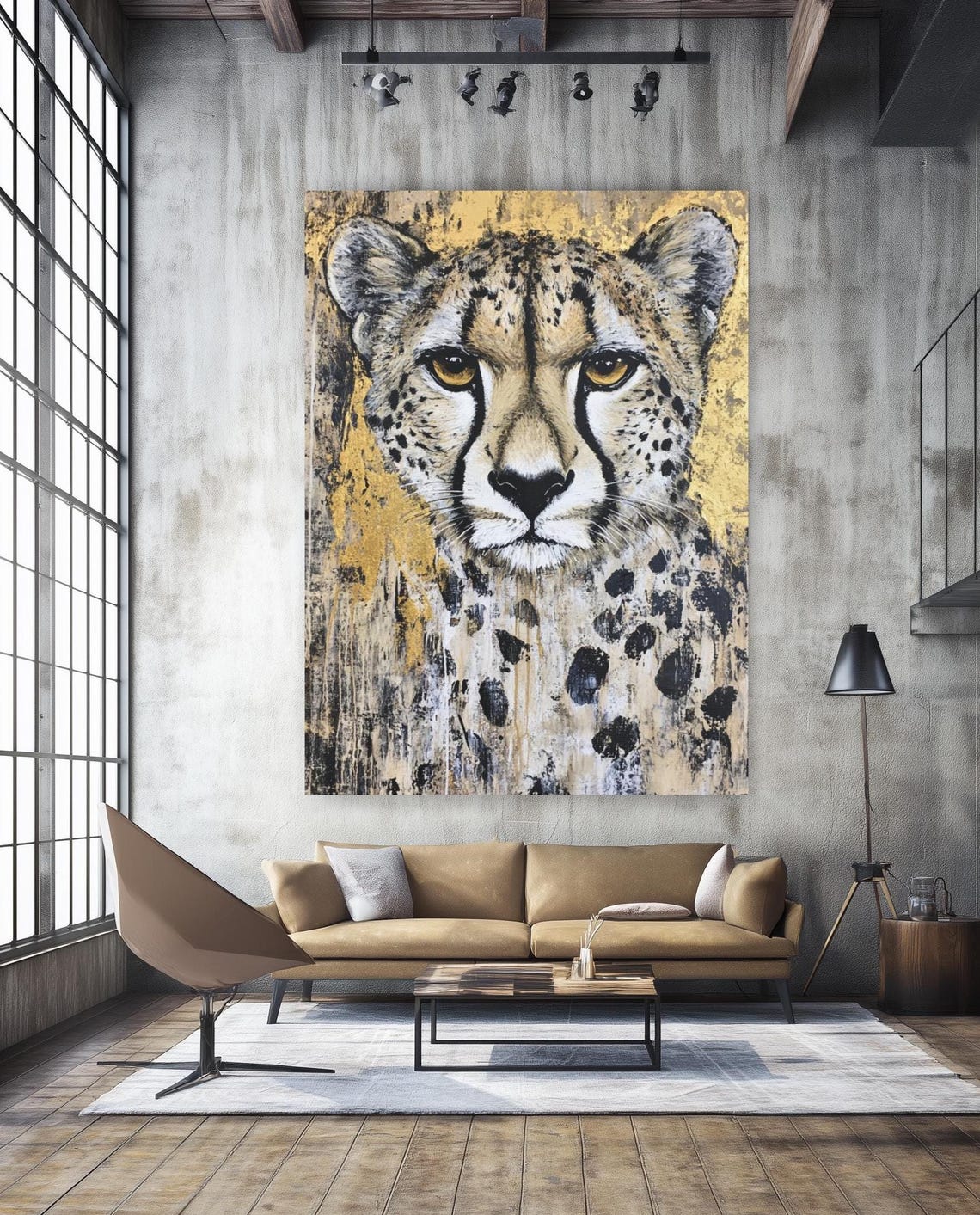 Cheetah Portrait Painting Gold Black Grunge Big Cat Safari Animal Wall Art