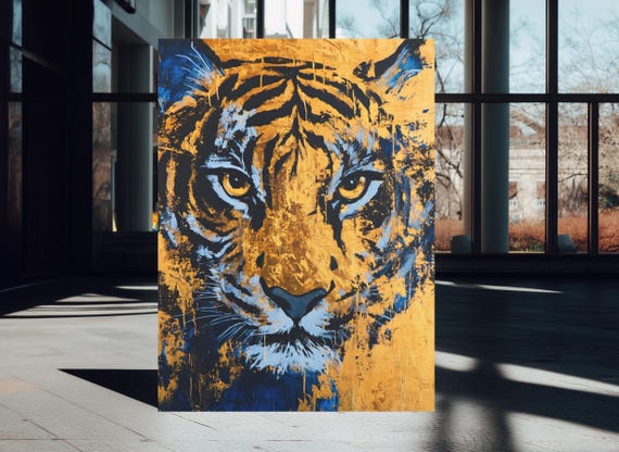Bold Tiger Canvas Print Abstract Gold Blue Safari Wall Art Predator Artwork Modern Animal Big Cat Poster Luxury Decor