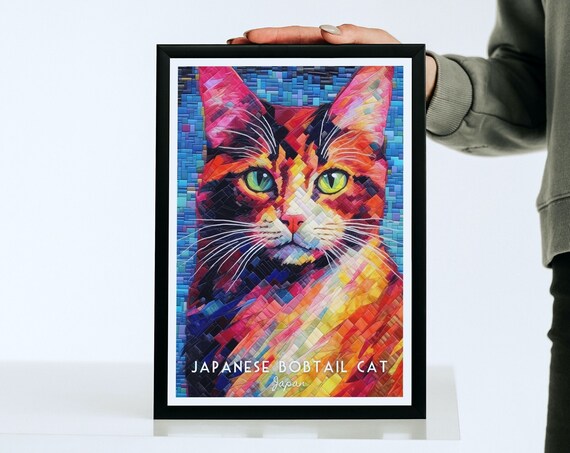 Japanese Bobtail Cat Vibrant Colorful Mosaic Pet Portrait Poster