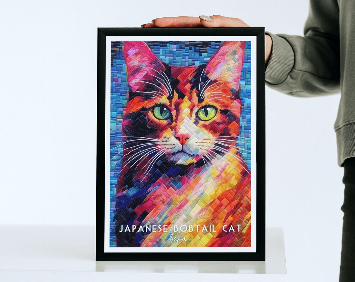 Japanese Bobtail Cat Vibrant Colorful Mosaic Pet Portrait Poster