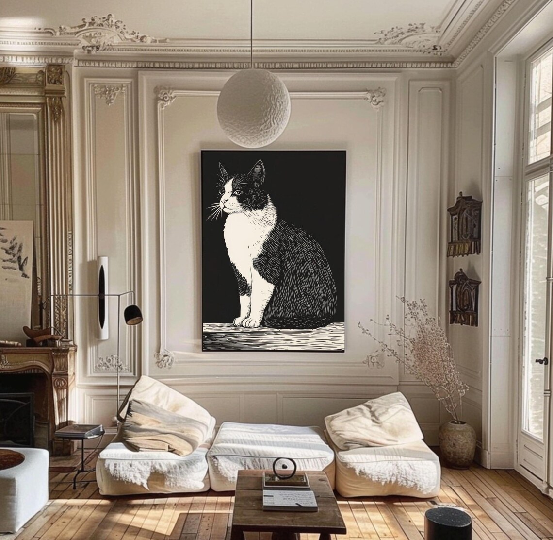 Vintage Black and White Cat Illustration Art Print