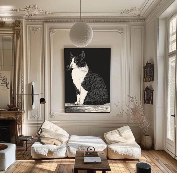 Vintage Black and White Cat Illustration Art Print