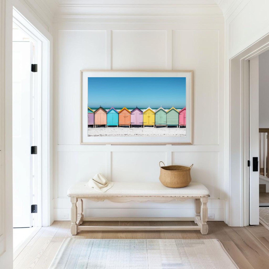 Colorful Pastel Beach Cabins Row On Sunny Seaside Photo Poster