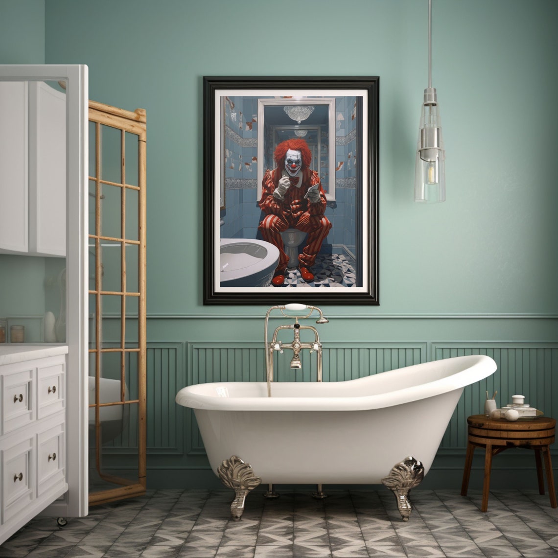 Funny Red Haired Clown Sitting on a Toilet in a Blue Bathroom Poster