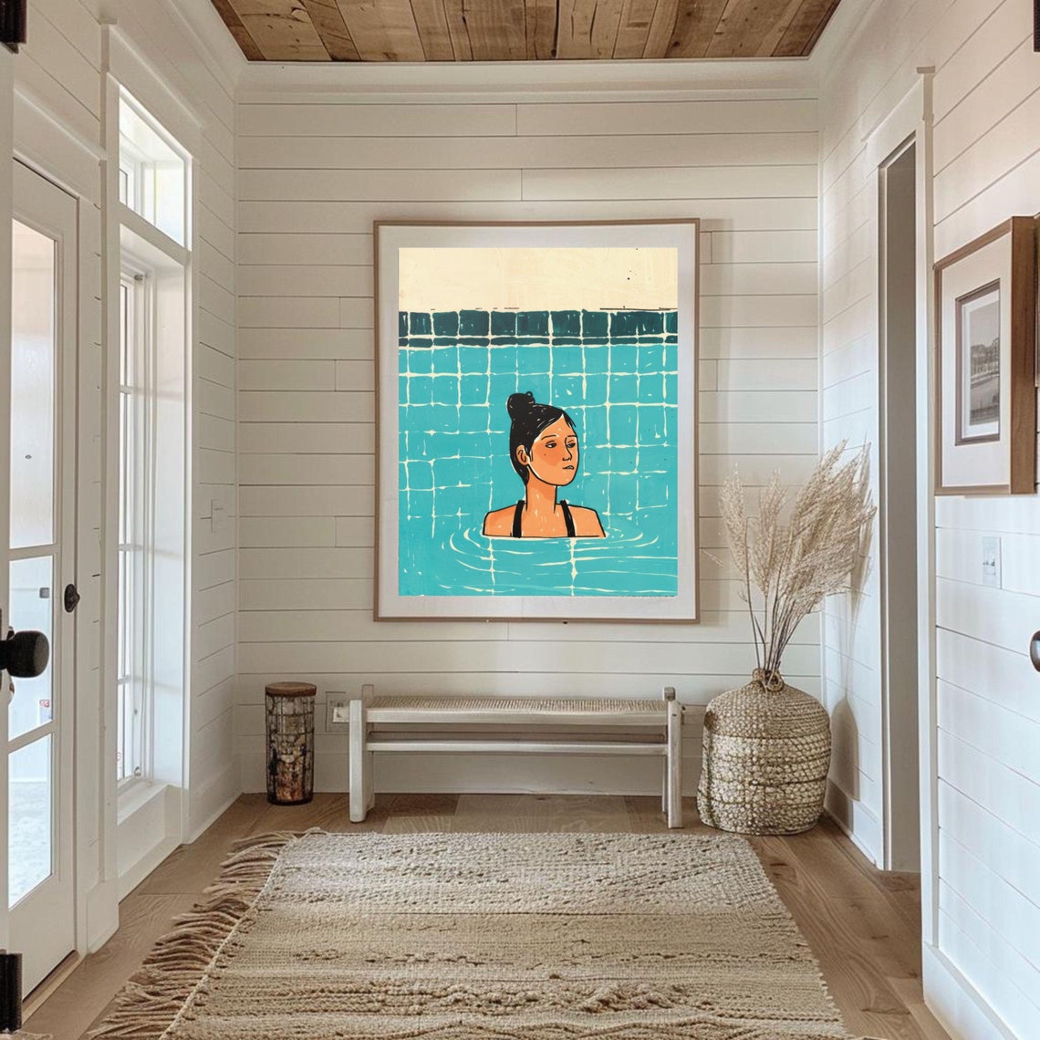 Woman Relaxing In Turquoise Tiled Swimming Pool Illustration Poster