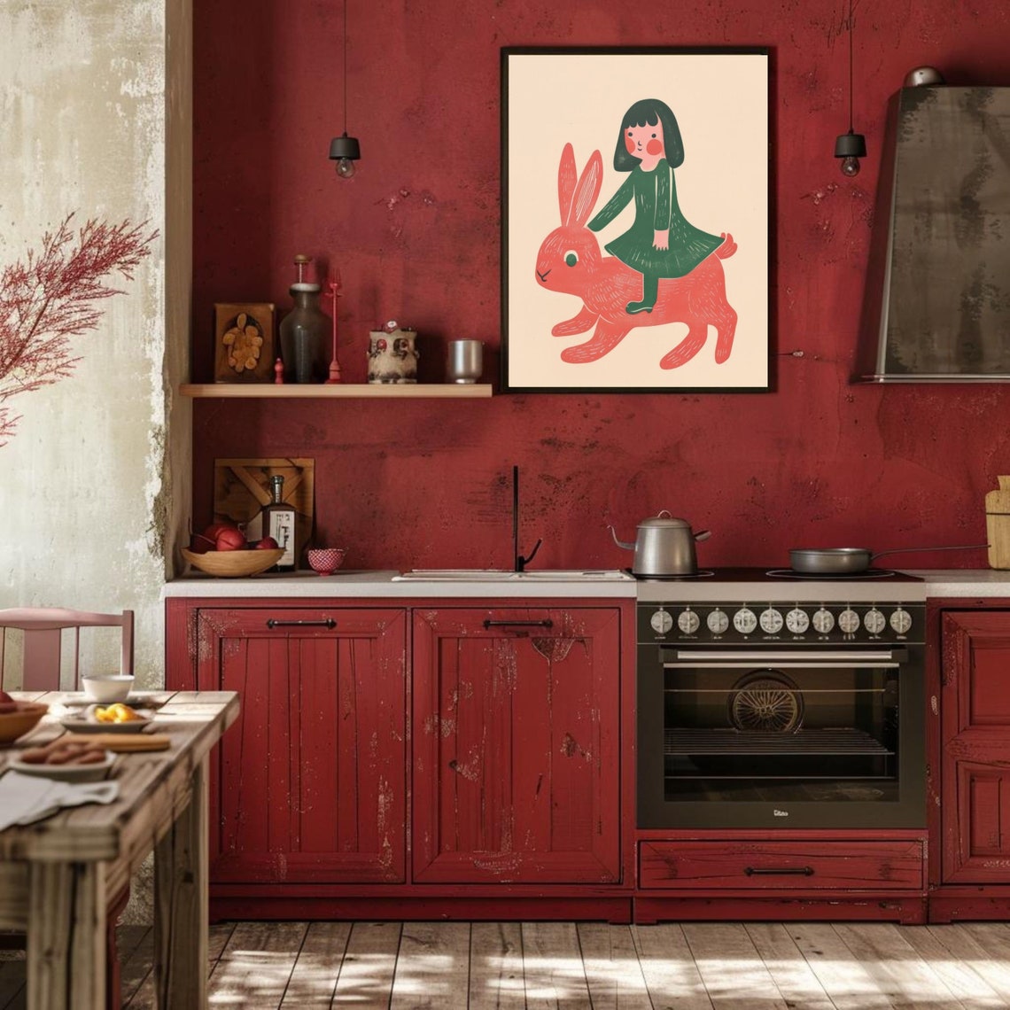 Girl Riding A Giant Red Bunny Retro Screen Style Kids Wall Poster