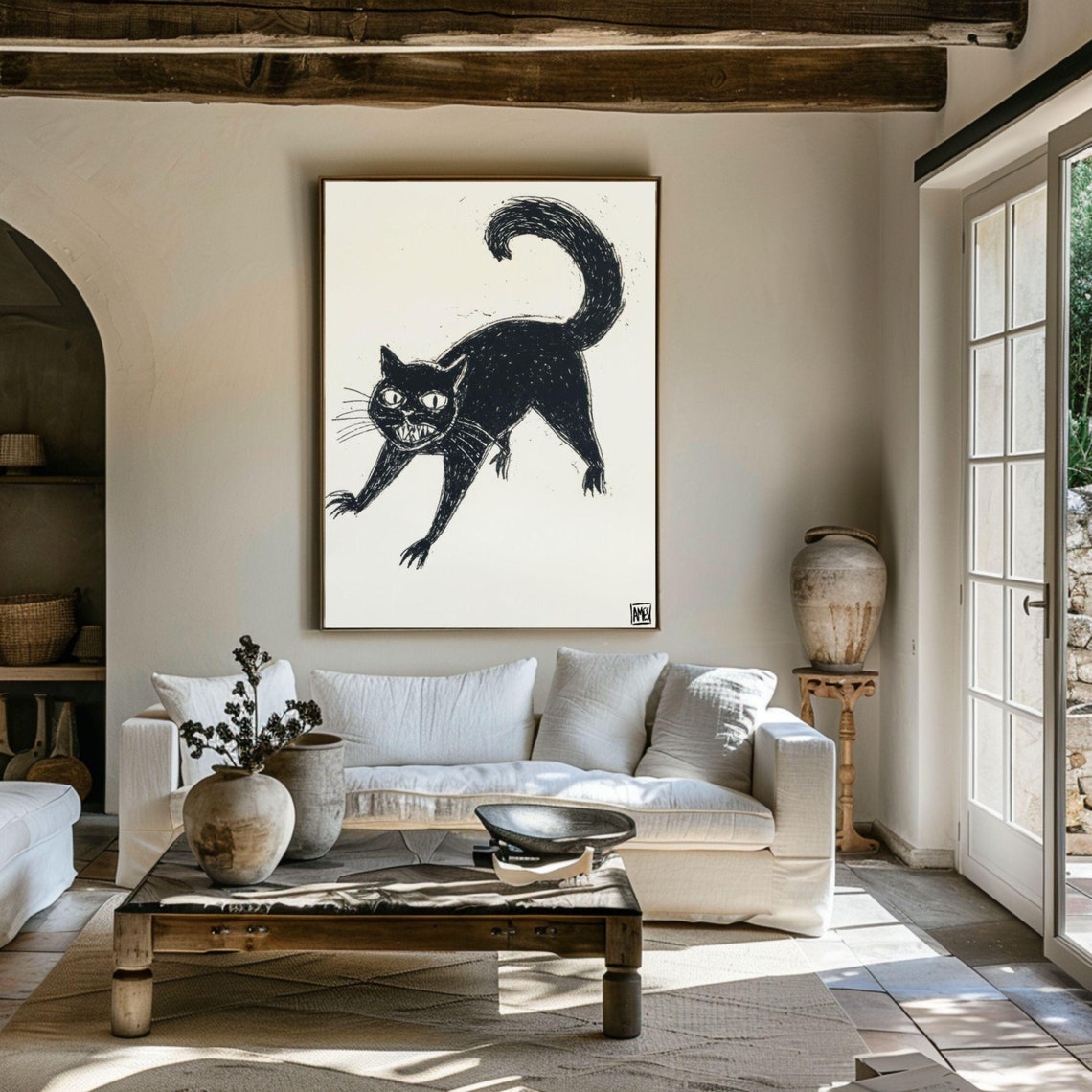 Sassy Black Cat Arched Back Ink Sketch Drawing Funny Cat Poster
