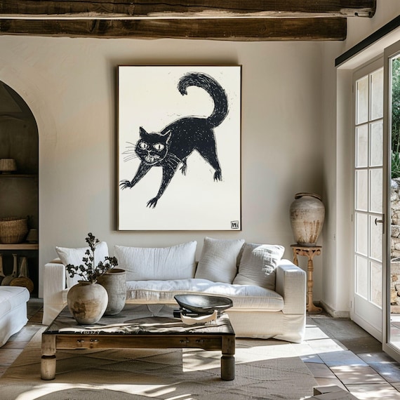 Sassy Black Cat Arched Back Ink Sketch Drawing Funny Cat Poster
