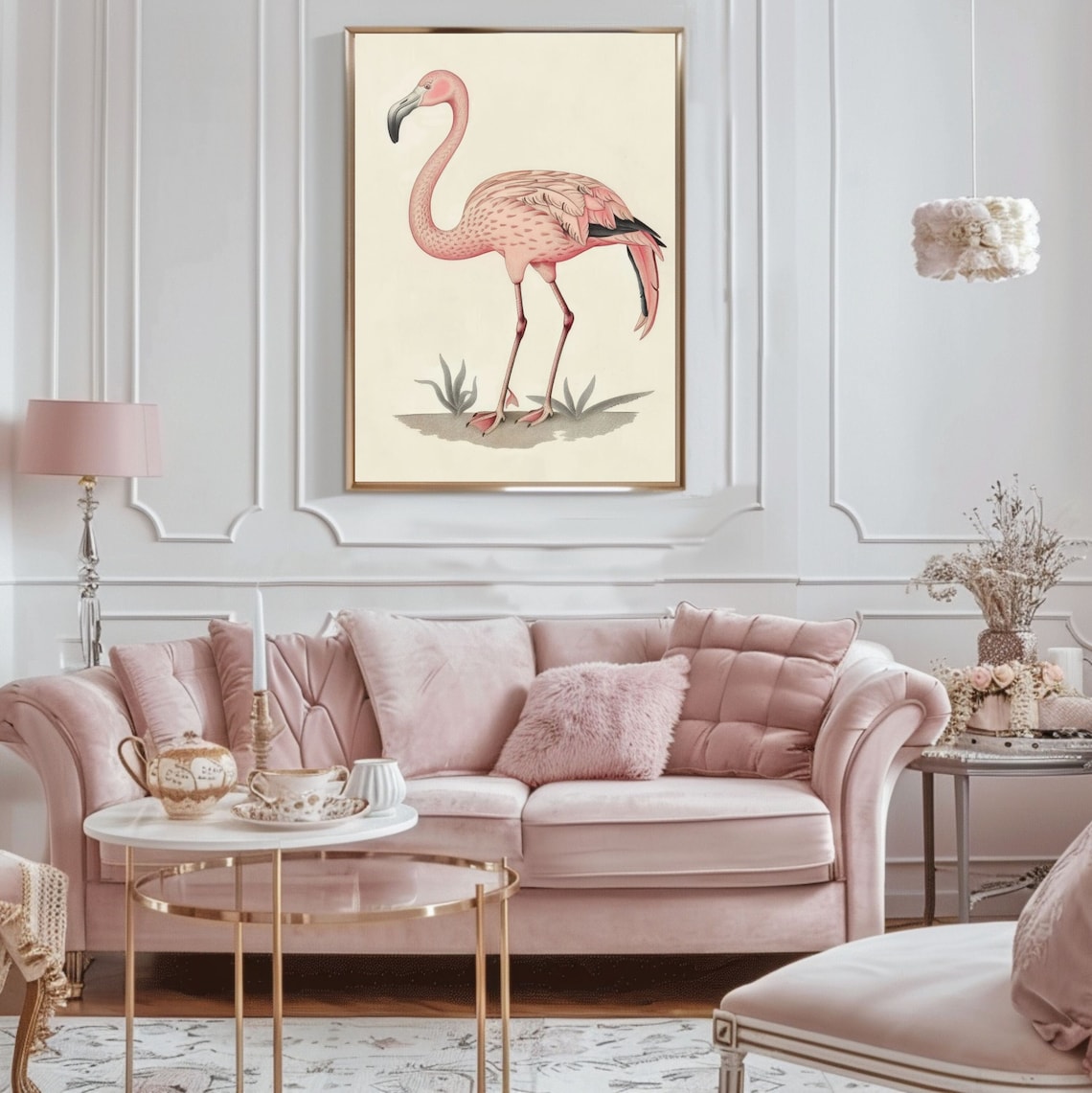 Antique Style Pink Flamingo Naturalist Illustration Art Poster