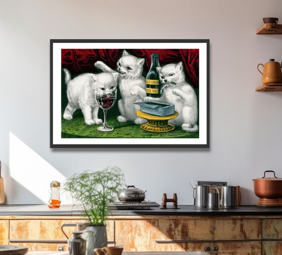 Three White Kittens Drinking Wine Antique Funny Cat Art Poster