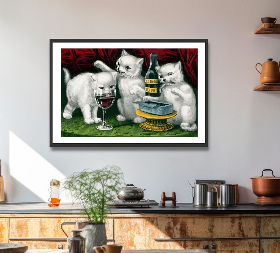 Three White Kittens Drinking Wine Antique Funny Cat Art Poster