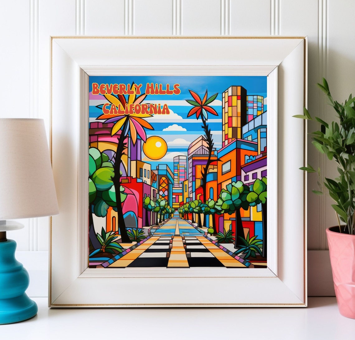 Beverly Hills California Pop Art City Street Colorful Poster