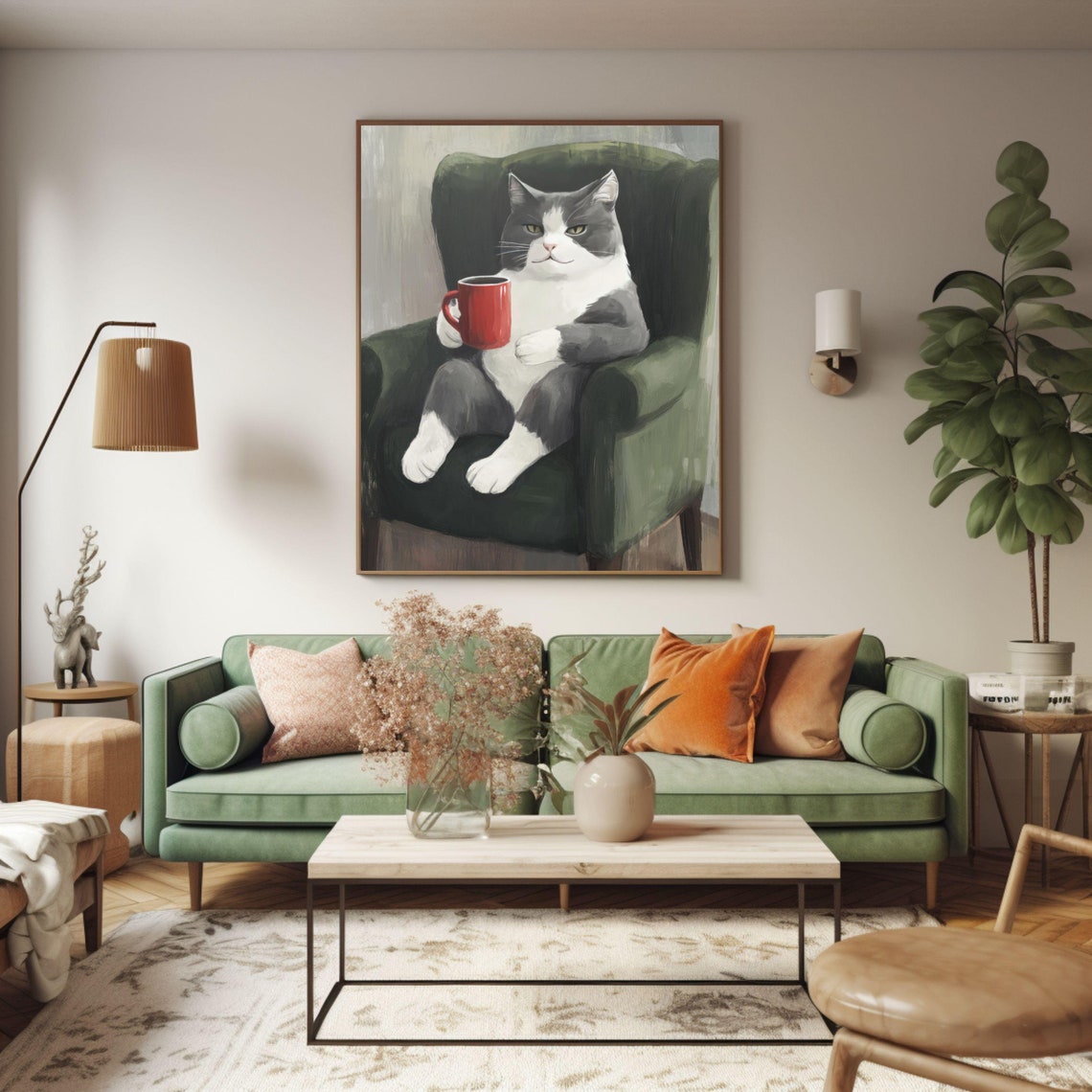 Funny Gray Cat Holding a Red Coffee Mug in a Green Armchair Poster